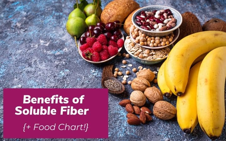 post image- fruits, vegetables nuts and seeds on concrete background. Benefits of soluble fiber + Soluble fiber food chart